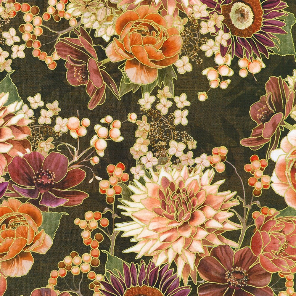 Hello Fall Large Florals Chestnut Brown Gold Metallic Lynnea Washburn Robert Kaufman Cotton Fabric RK-AWHDM-23917-342 | US Fabric Shop