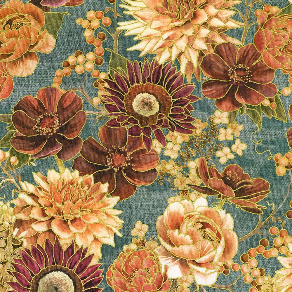 Hello Fall Large Florals Dusty Blue Gold Metallic Lynnea Washburn Robert Kaufman Cotton Fabric RK-AWHDM-23917-68 | US Fabric Shop