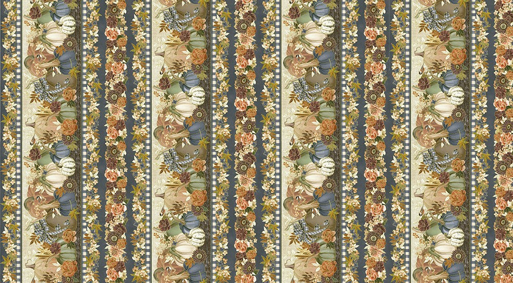 Hello Fall Pumpkin Stripe Denim Blue Gold Metallic Lynnea Washburn Robert Kaufman Cotton Fabric RK-AWHDM-23914-67