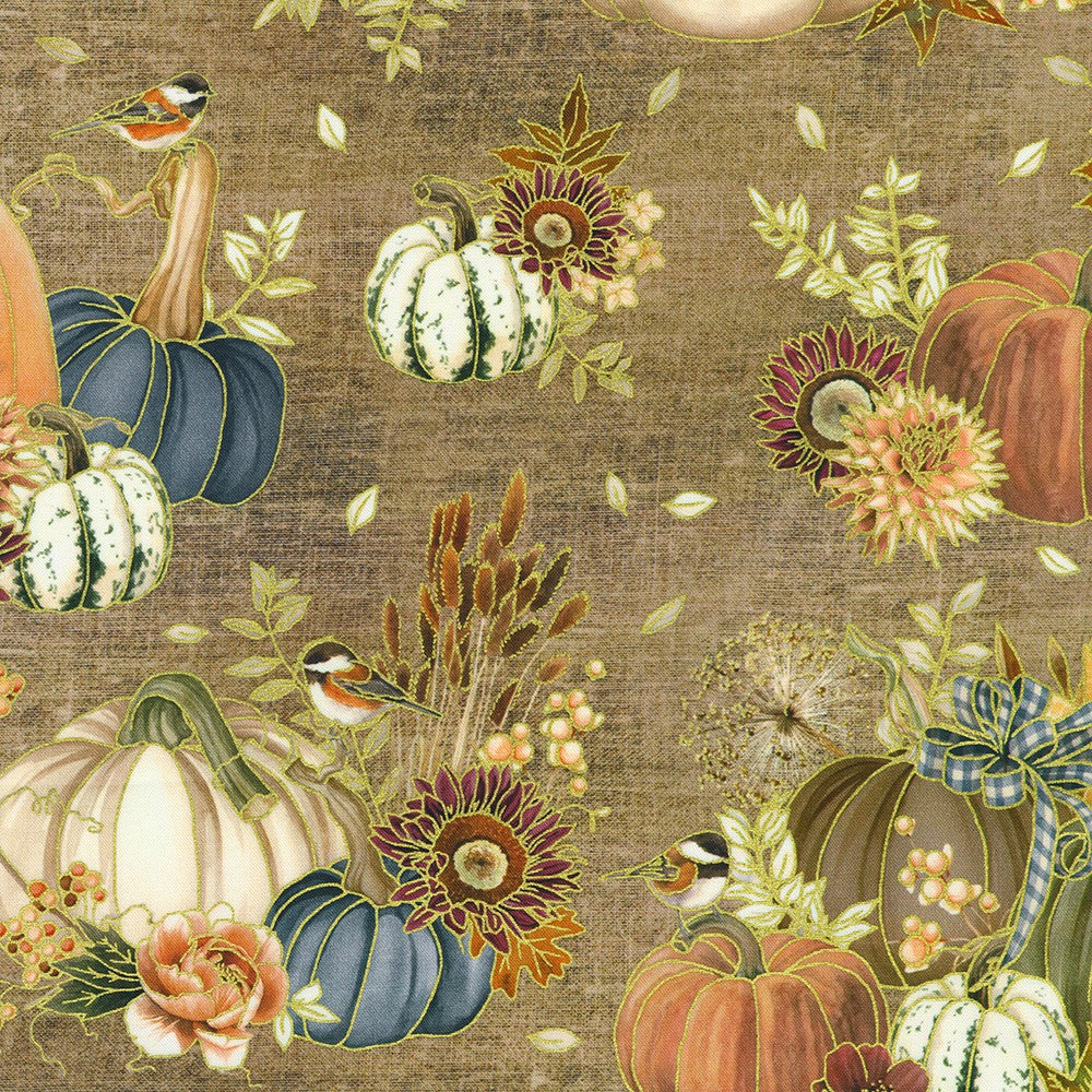 Hello Fall Pumpkins Florals Hazelnut Brown Gold Metallic Lynnea Washburn Robert Kaufman Cotton Fabric RK-AWHDM-23915-166