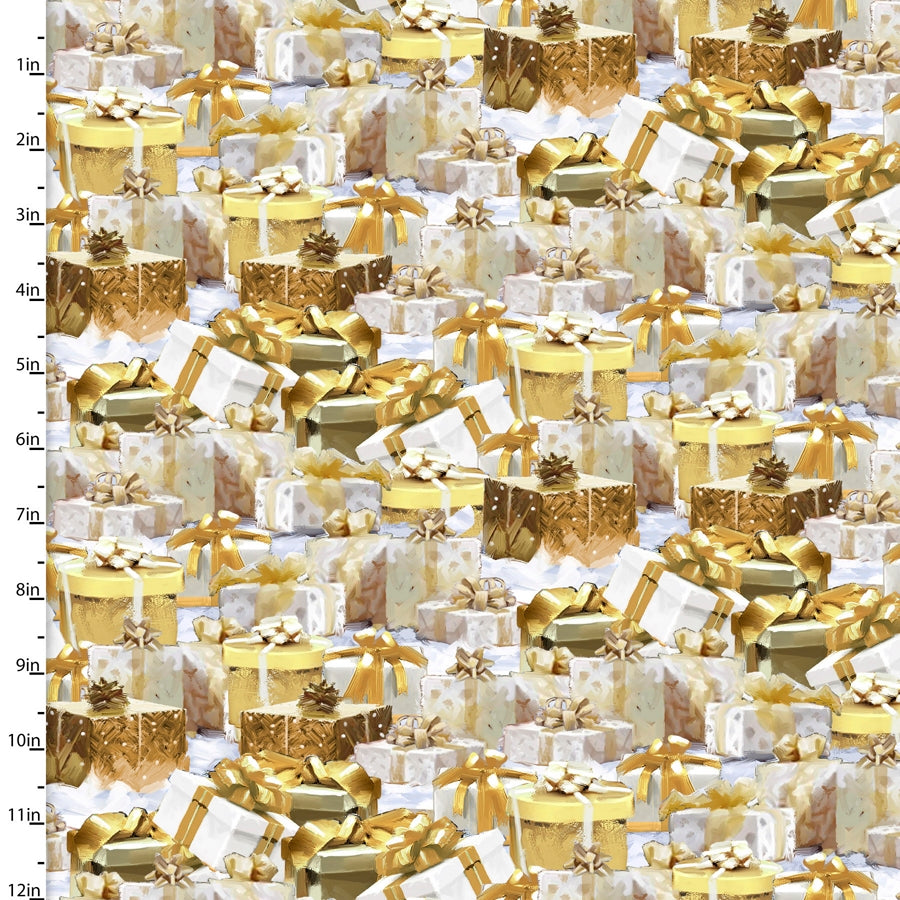Here Comes Santa Packed Gift Galore Gold The Macneil Studio 3 Wishes Fabric Cotton Fabric