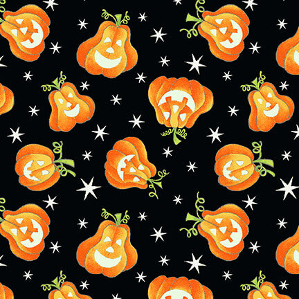 Here We Glow Halloween Tossed Pumpkins Black Delphine Cubitt Henry Glass Cotton Fabric | US Fabric Shop