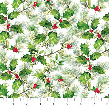 Here Comes Santa Holly and Pine Toss White Jason Kirk Northcott Cotton Fabric