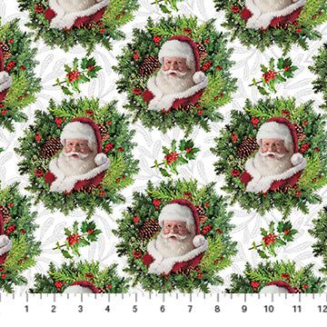 Here Comes Santa Santa Wreath White Jason Kirk Northcott Cotton Fabric