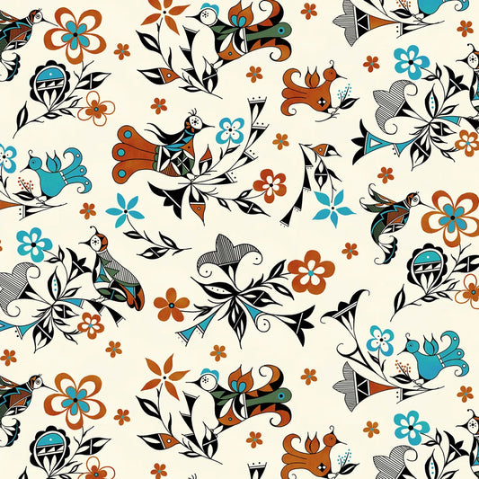 Heritage Pottery Birds and Flowers Turquoise Patricia Lowden Elizabeth's Studio Cotton Fabric ES-47001-TURQUOISE