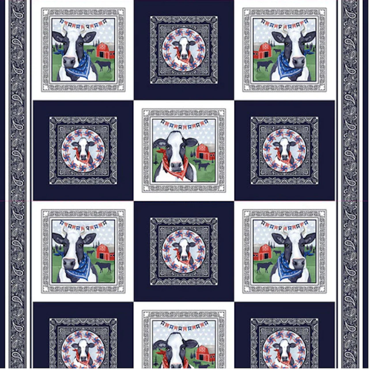 Heritage USA Cow Block Panel 23.5" Navy Blue Grace Popp Studio E Cotton Fabric SE-4652-77