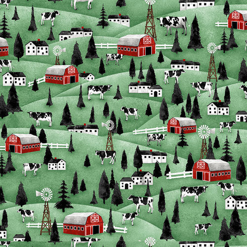 Heritage USA farm landscape red barn cows hills Green Grace Popp Studio E Cotton Fabric