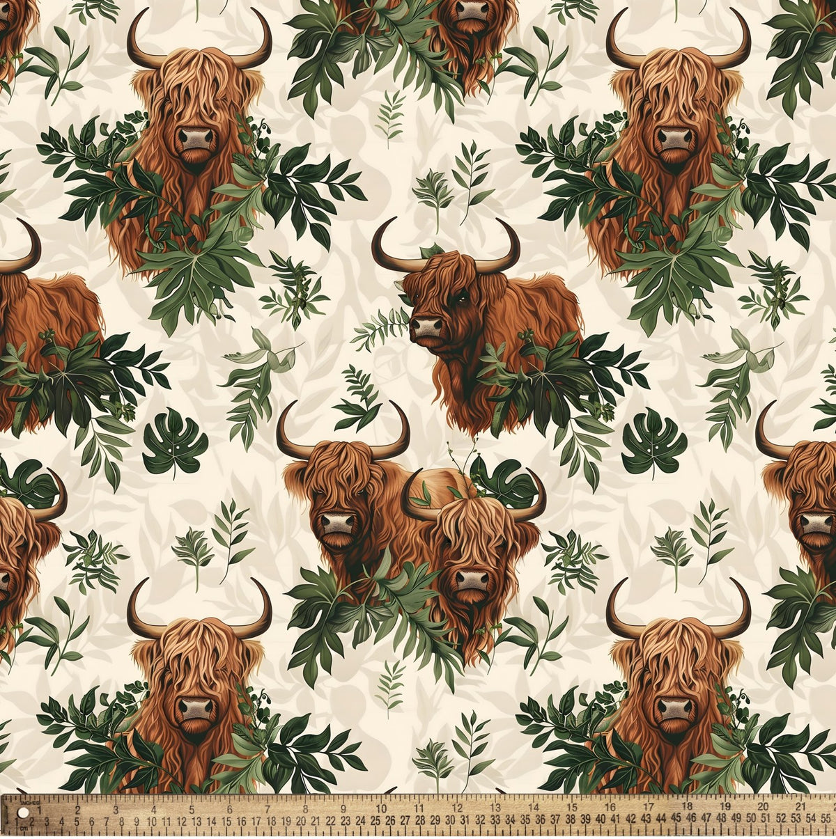 Highland Cow and Forest Allover Cream Multi David Textiles Cotton Fabric DT-DX-6917-5C-1