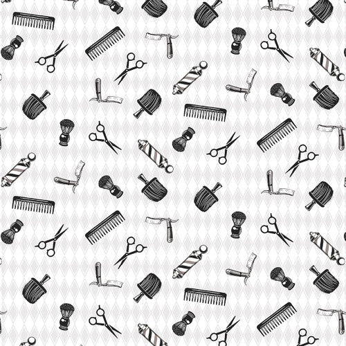 Hipster Barber Instruments White Rodrigo Pontes Blank Quilting Cotton Fabric BQ-3106-01