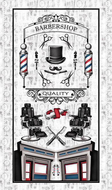 Hipster Barbershop Panel 24" White Rodrigo Pontes Blank Quilting Cotton Fabric BQ-3113P-01