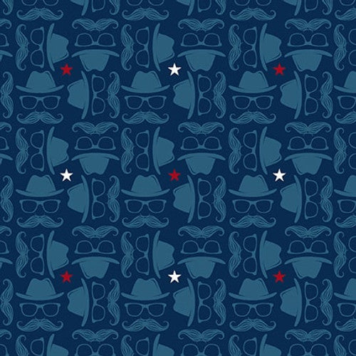 Hipster Hats and Moustaches Navy Blue Rodrigo Pontes Blank Quilting Cotton Fabric