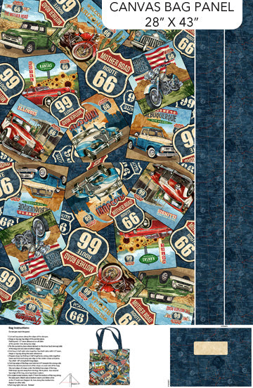 Historic Route 66 CANVAS Tote Bag 28" Deborah Edwards and Melanie Samra Northcott Cotton CANVAS Fabric NC-C29249-48