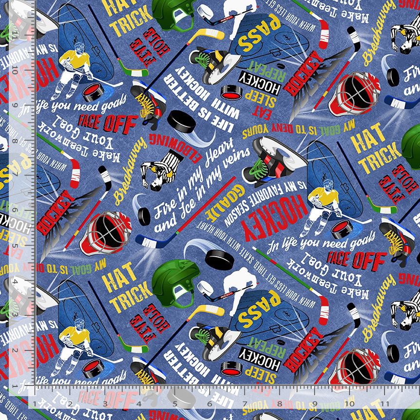 Hockey Season Hockey Star Text Denim Blue Gail Cadden Timeless Treasures Cotton Fabric TT-GAIL-CD3056-DENIM