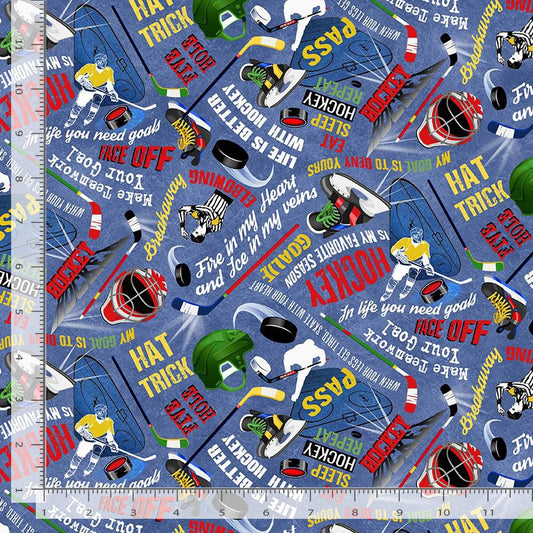 Hockey Season Hockey Star Text Denim Blue Gail Cadden Timeless Treasures Cotton Fabric TT-GAIL-CD3056-DENIM