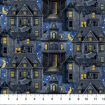Hocus Pocus Haunted Houses Navy Multi Deborah Edwards Northcott Cotton Fabric