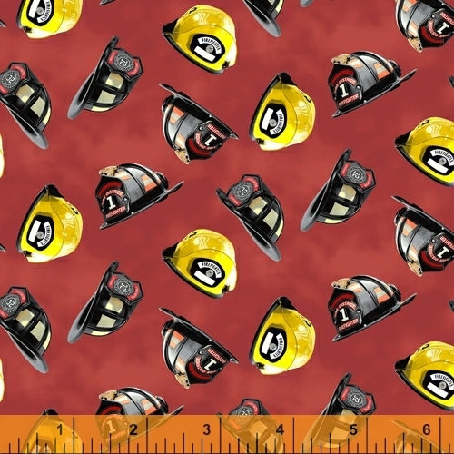 Hold The Line Tossed Firefighter Helmets Red Whistler Studios Windham Fabrics Cotton Fabric WF-52221-4