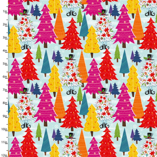 HoliDazzle Festive Festive Trees Blue Emiko Rainbow 3 Wishes Cotton Fabric 3W-23772-BLU