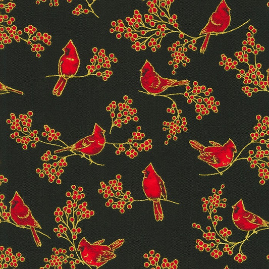 Holiday Charms Birds and Berries Black Robert Kaufman Cotton Fabric RK-SRKM-20967-2