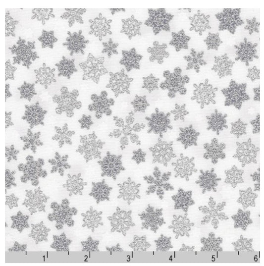 Holiday Charms Silver Metallic Snowflakes White Robert Kaufman Cotton Fabric RK-SRKM-19951-186