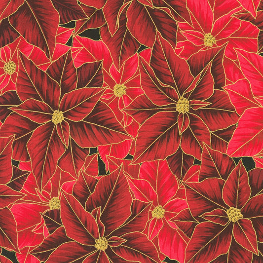 Holiday Flourish Festive Finery Packed Poinsettias Cranberry Red Metallic Robert Kaufman Cotton Fabric