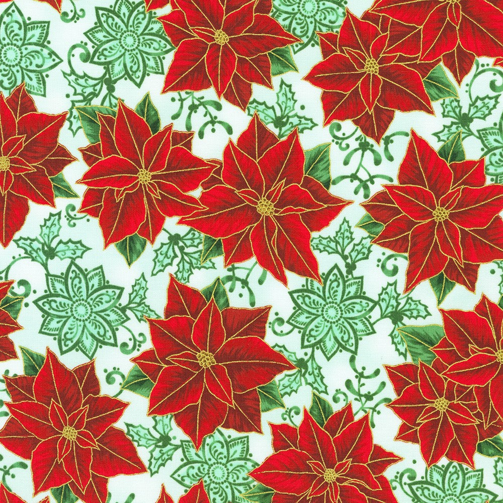 Holiday Flourish Festive Finery Poinsettias Mint Green Metallic Robert Kaufman Fabrics Cotton Fabric RK-SRKM-22288-32