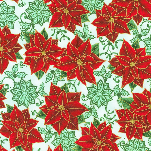 Holiday Flourish Festive Finery Poinsettias Mint Green Metallic Robert Kaufman Fabrics Cotton Fabric RK-SRKM-22288-32
