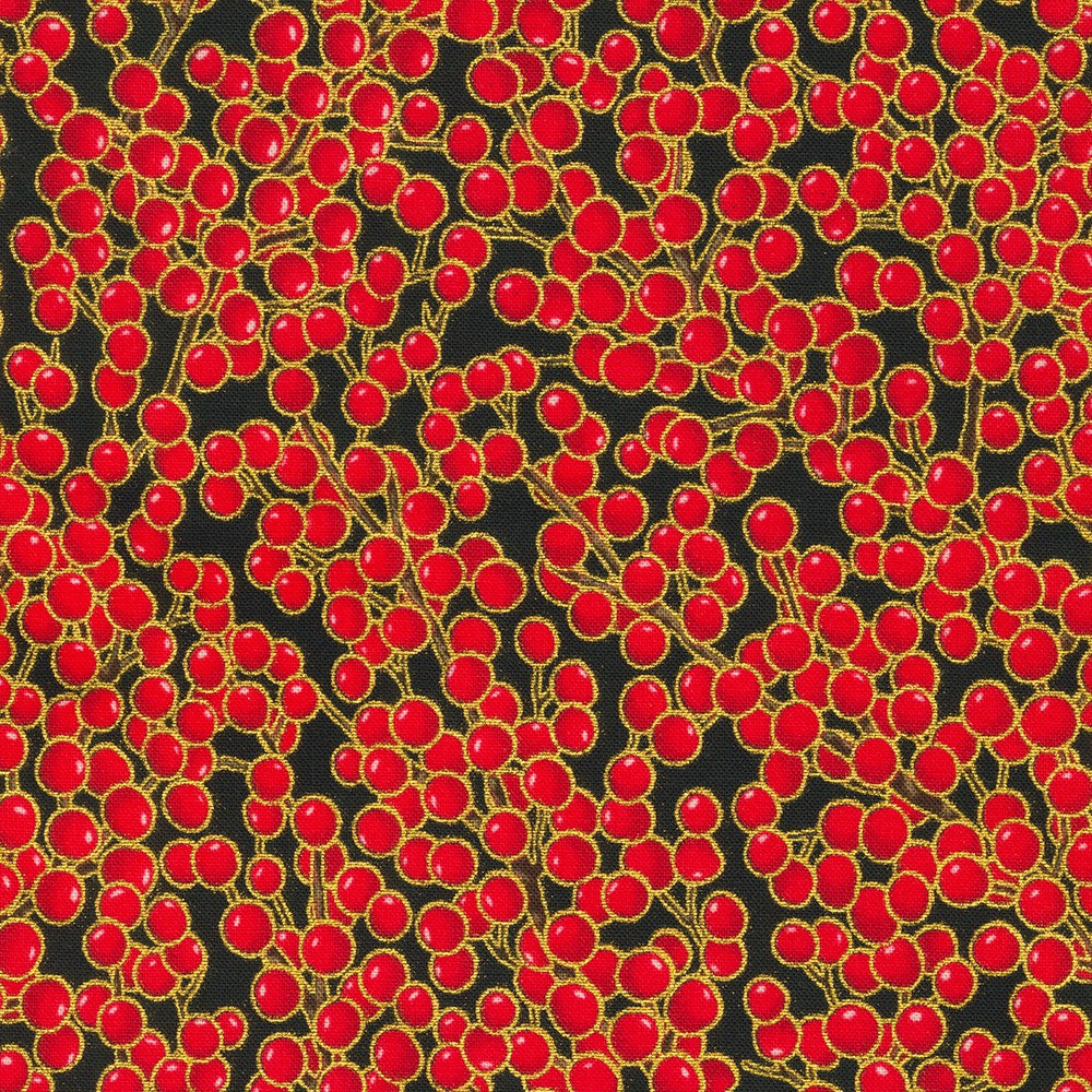 Holiday Flourish Snow Flower Berry Branches Black Robert Kaufman Cotton Fabric RK-SRKM-21604-2