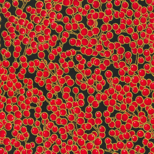 Holiday Flourish Snow Flower Berry Branches Black Robert Kaufman Cotton Fabric RK-SRKM-21604-2