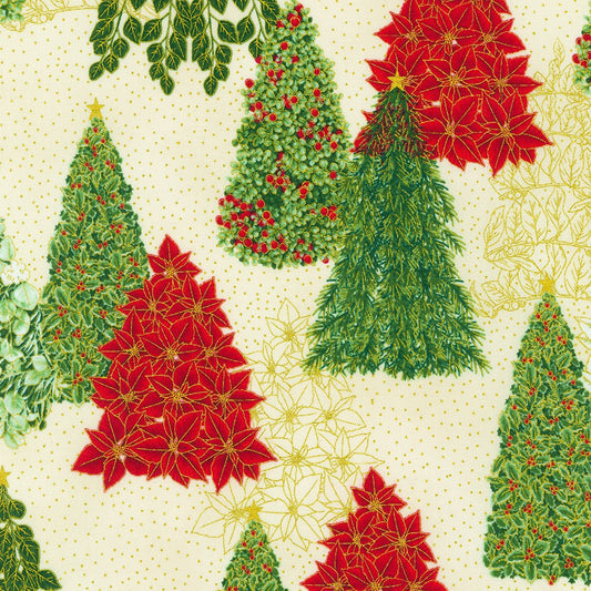 Holiday Flourish Snow Flower Christmas Trees Cream Robert Kaufman Cotton Fabric  RK-SRKM-21598-84
