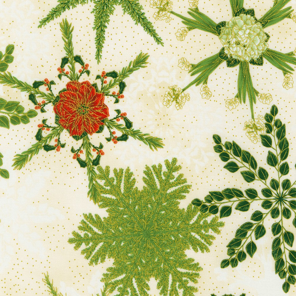 Holiday Flourish Snow Flower Snowflakes Christmas Foliage Cream Robert Kaufman Cotton Fabric RK-SRKM-21596-84