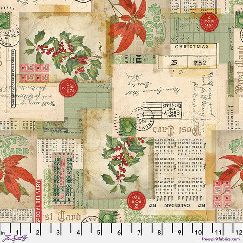 Holiday Past Postcard Collage Multi Tim Holtz Eclectic Elements Free Spirit Cotton Fabric FS-PWTH199.MULTI