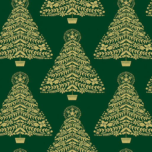 Holiday Sparkle Festive Trees Green Metallic Gold Kanvas Studio Benartex Cotton Fabric BE-12528M-44