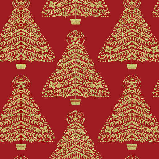 Holiday Sparkle Festive Trees Red Metallic Gold Kanvas Studio Benartex Cotton Fabric BE-12528M-10