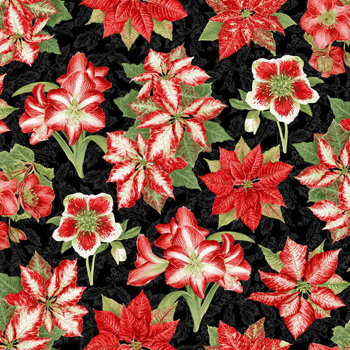 Holiday Botanical Amaryllis and Poinsettias Jane Shasky Henry Glass Cotton Fabric HG 9552-98 Black