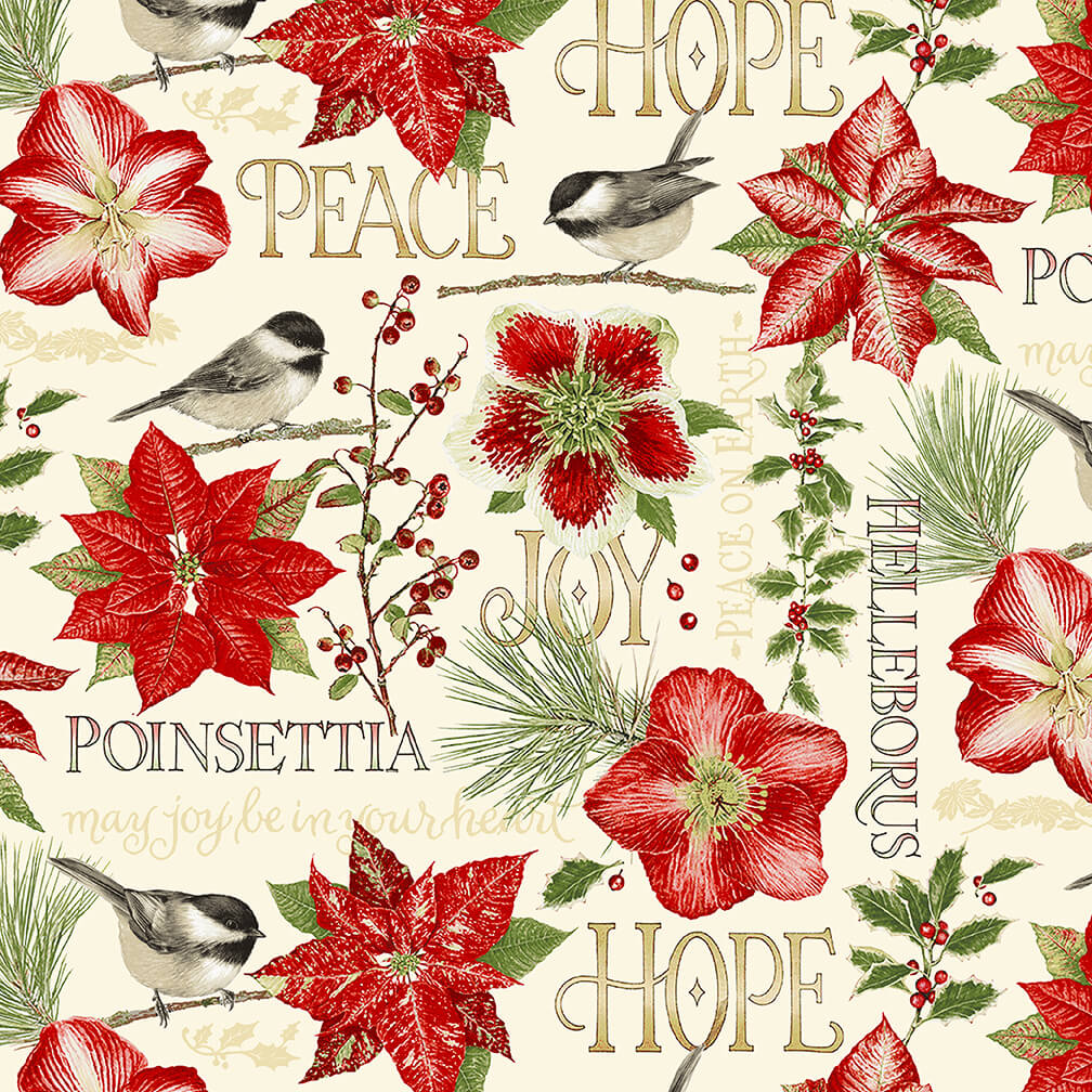 Holiday Botanical Flowers and Birds Jane Shasky Henry Glass Cotton Fabric HG 9549-48 Multi