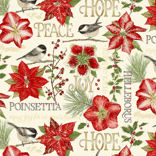Holiday Botanical Flowers and Birds Jane Shasky Henry Glass Cotton Fabric HG 9549-48 Multi