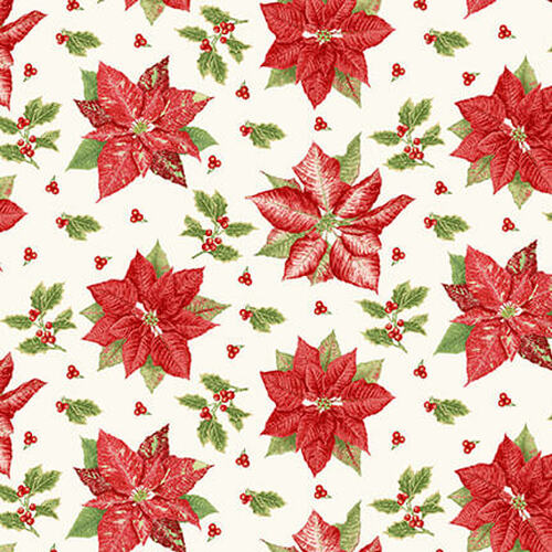 Holiday Botanical Tossed Poinsettias Jane Shasky Henry Glass Cotton Fabric HG 9556-48 Cream