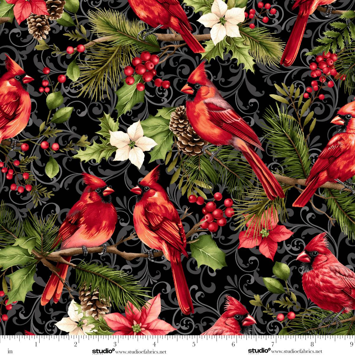 Holiday Feathers and Flourish Cardinal Birds and Feathers Black Art Loft Studio E Cotton Fabric SE-9265-99