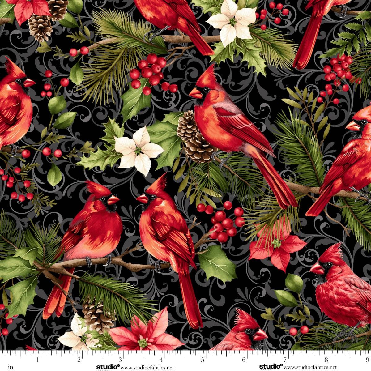 Holiday Feathers and Flourish Cardinal Birds and Feathers Black Art Loft Studio E Cotton Fabric SE-9265-99 | US Fabric Shop