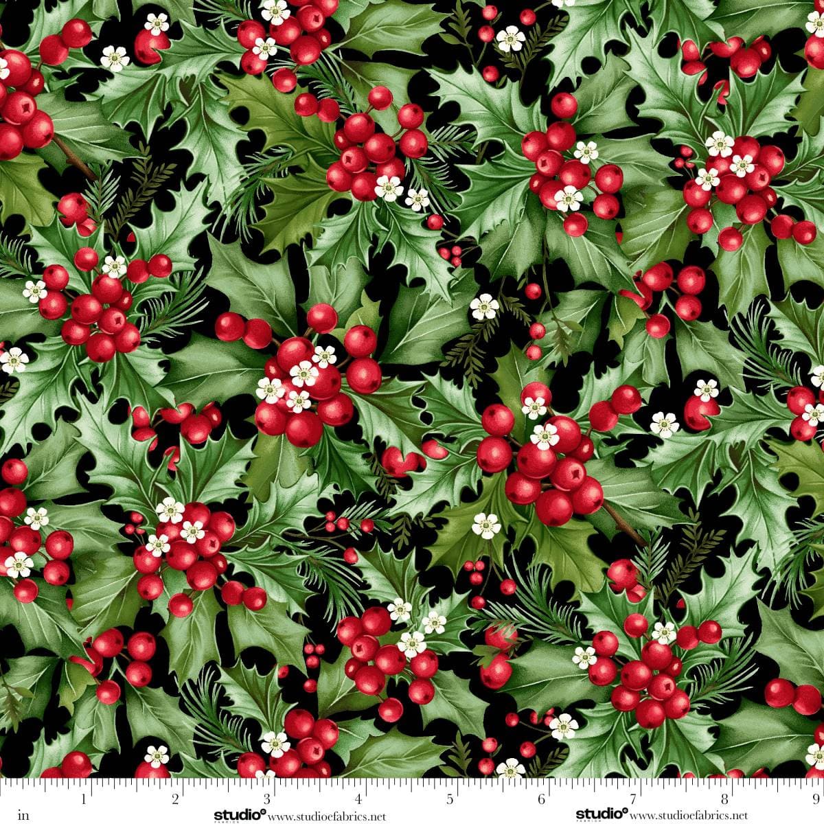 Holiday Feathers and Flourish Holly Berry Black Multi Art Loft Studio E Cotton Fabric SE-9269-99 | US Fabric Shop