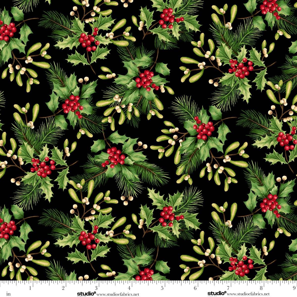 Holiday Feathers and Flourish Holly and Mistletoe Black Multi Art Loft Studio E Cotton Fabric SE-9268-99 | US Fabric Shop