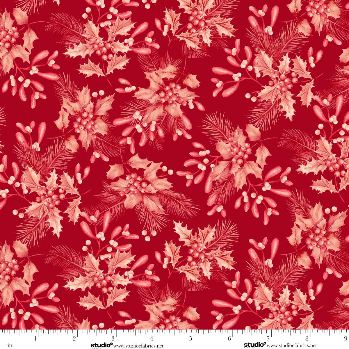 Holiday Feathers and Flourish Holly and Mistletoe Red Art Loft Studio E Cotton Fabric SE-9268-88