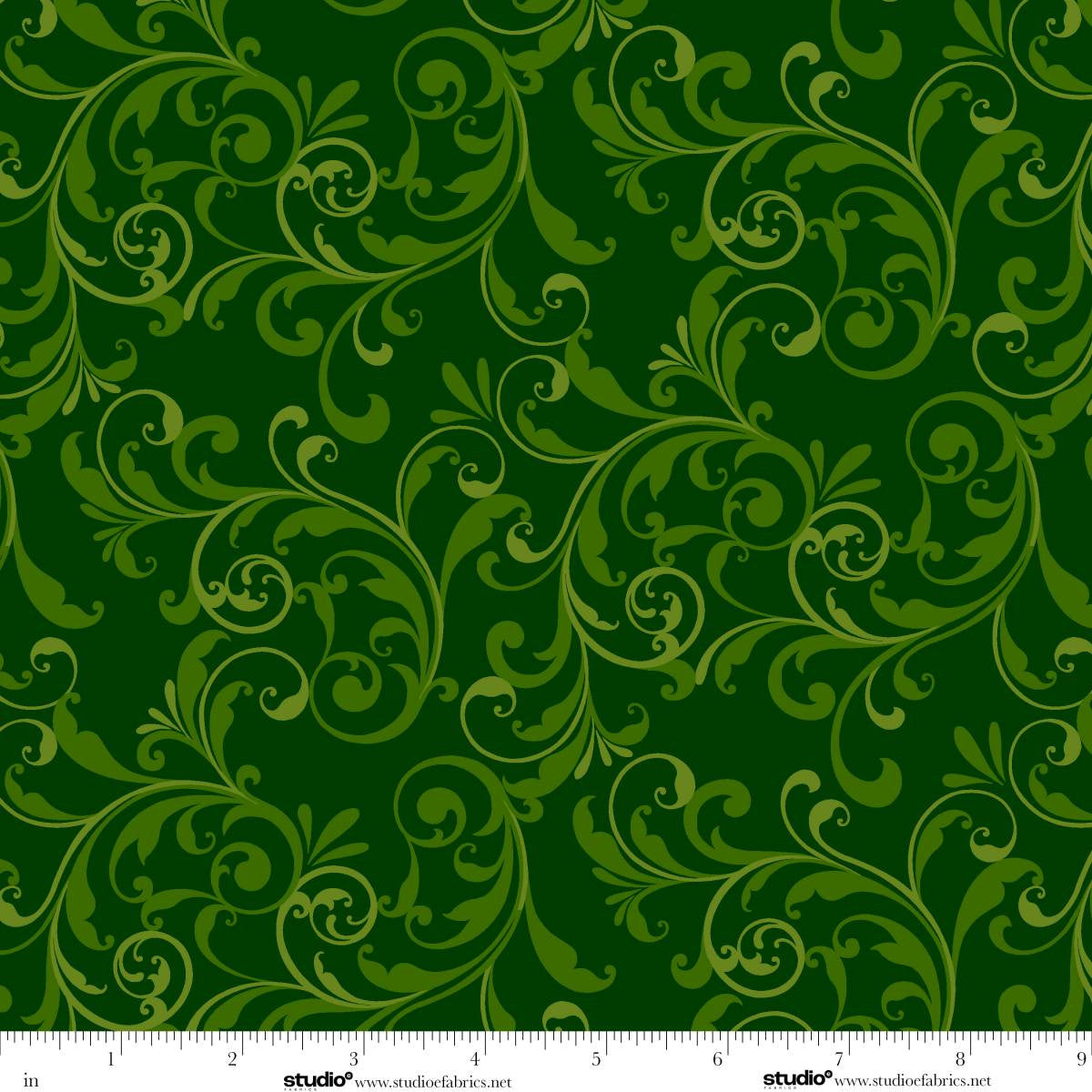 Holiday Feathers and Flourish Scroll Green Art Loft Studio E Cotton Fabric SE-9266-66