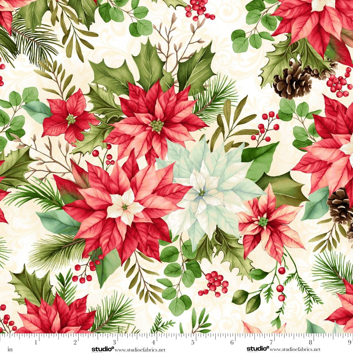 Holiday Feathers and Flourish Winter Blooms Cream Art Loft Studio E Cotton Fabric SE-9267-44 | US Fabric Shop