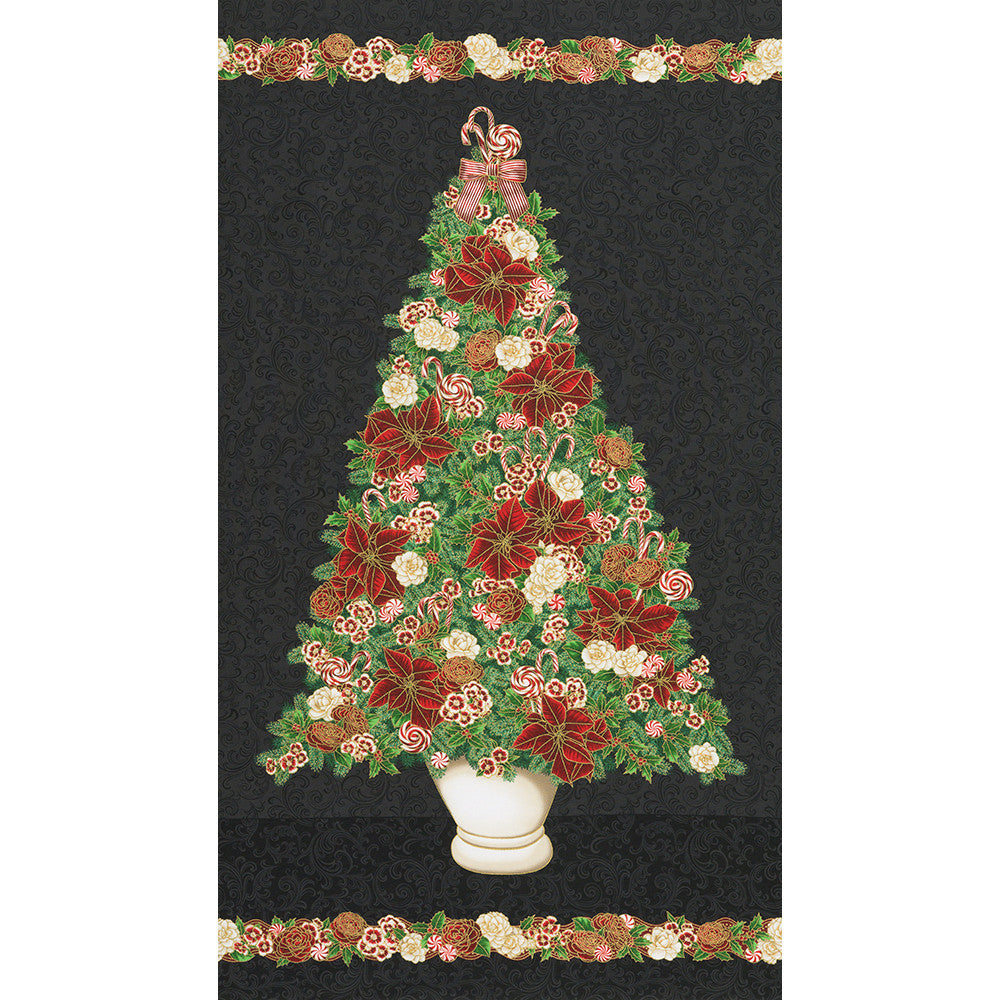 Holiday Flourish Peppermint Twist Christmas Tree Panel 24" Black Metallic Robert Kaufman Cotton Fabric RK-SRKM-22944-2