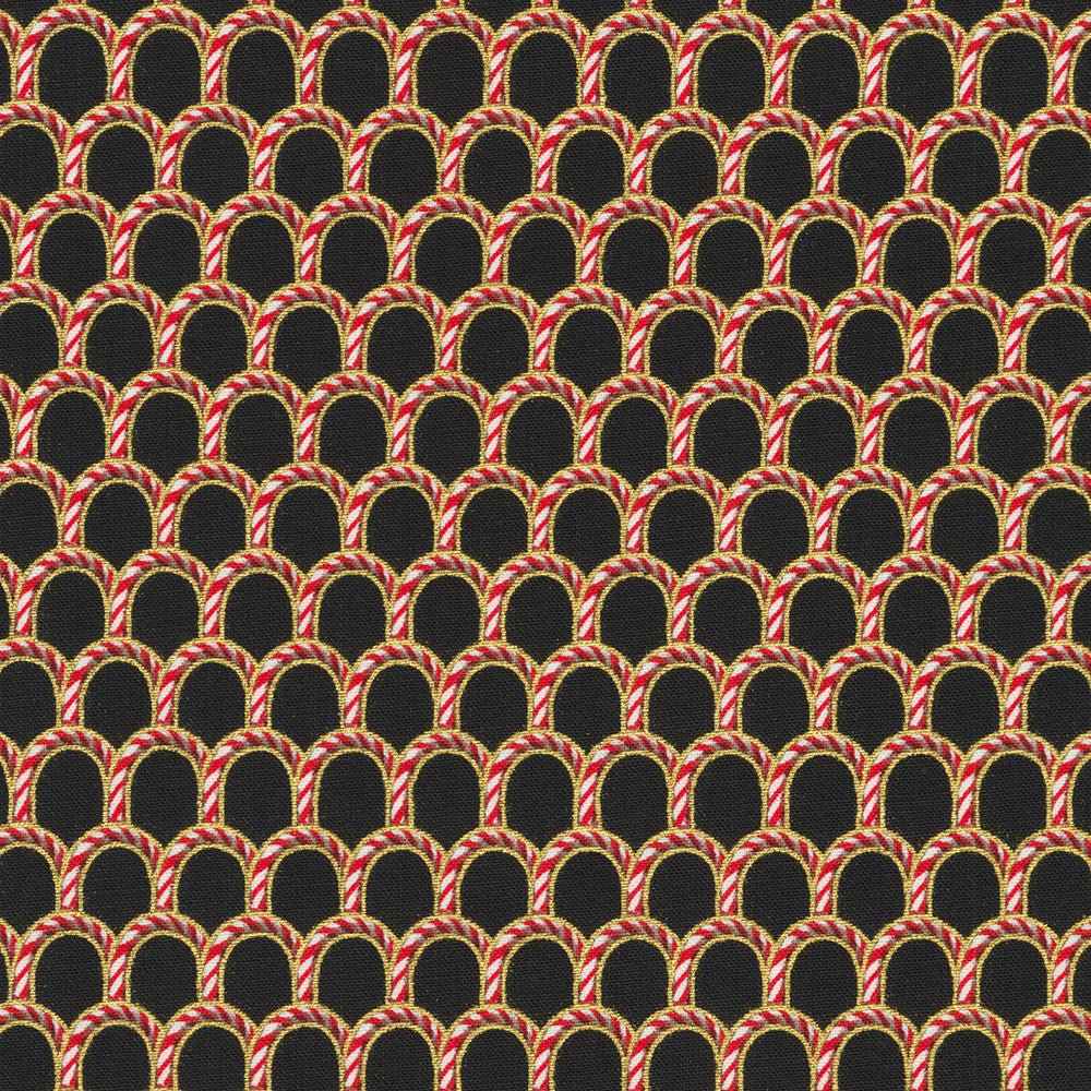 Holiday Flourish Peppermint Twist Candy Canes Black Metallic Robert Kaufman Cotton Fabric RK-SRKM-22952-2