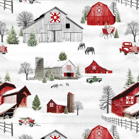 Holiday Heartland Sleds Trees Phrases Gifts White Jan Shade Beach Henry Glass Cotton Fabric