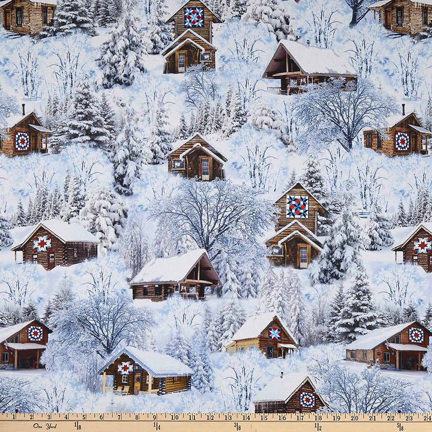 Holiday Retreat Winter Cabins Quilt Symbol Snow White Timeless Treasures Cotton Fabric