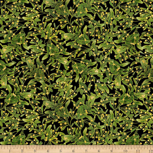 Holiday Spice Poinsettia Leaves Packed Green Metallic Black Timeless Treasures Cotton Fabric