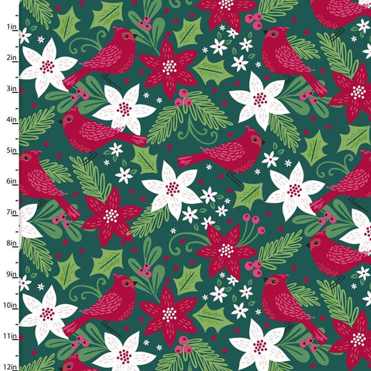 Holiday Wonder Cardinal and Poinsettias 3 Wishes Cotton Fabric